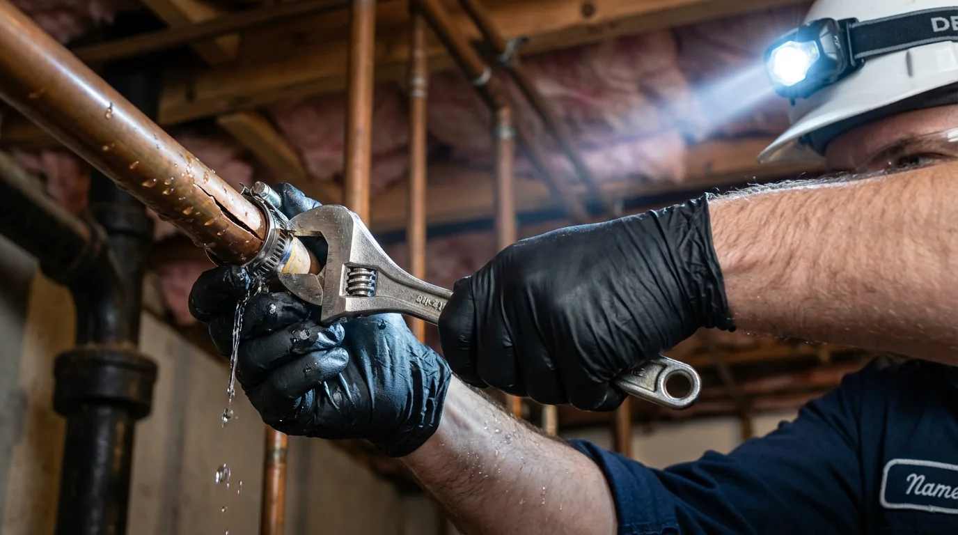 Emergency pipe clamp repair being performed by a Johns Plumbing LLC plumber in Lima